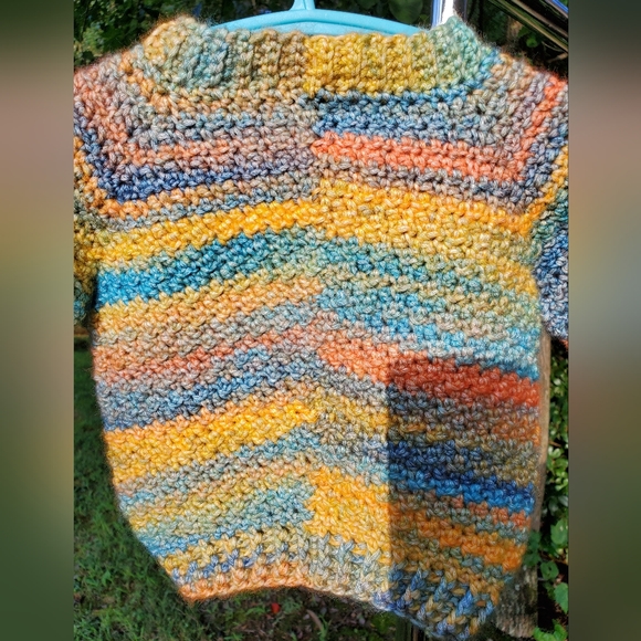 Multicolor Handmade Crochet Baby Sweater w/ Ribbed Collar, Sleeves, & Bottom - Picture 8 of 9